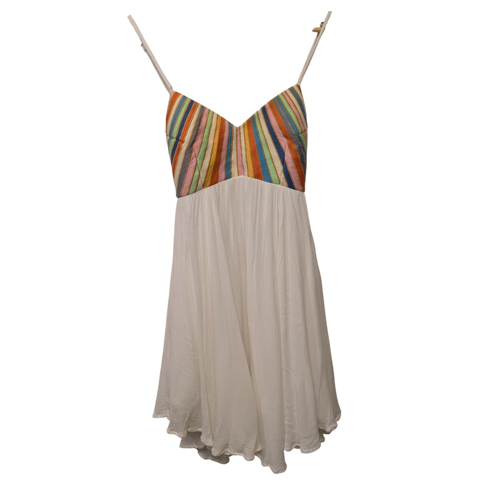 Mara Hoffman Embroidered Tie Back Dress Striped Bodice Sundress White‎ Mini Boho